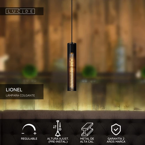 Lucide LIONEL - Lámpara colgante - Ø 6,5 cm - 1xE27 - Negro - USP